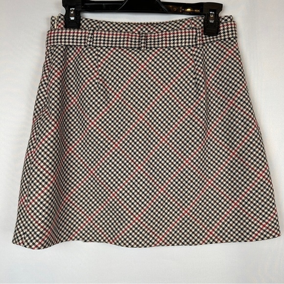 H&M Divided Houndstooth Plaid Tan Red Stripes Belted Preppy Mini Skirt Size 6 - Picture 3 of 10